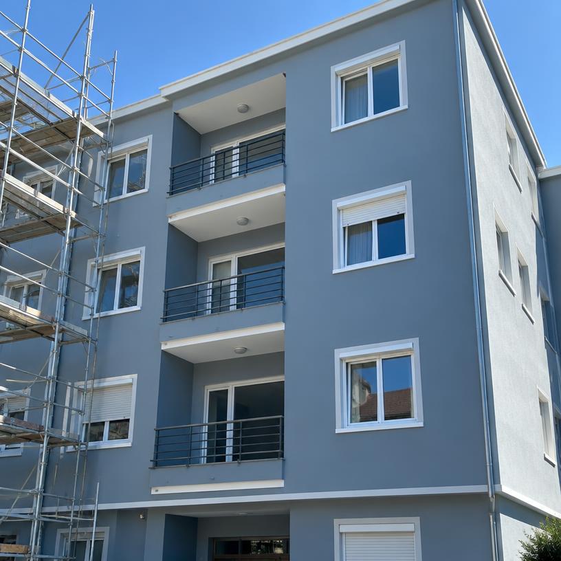 Fachada de edificio recién pintada en gris azulado